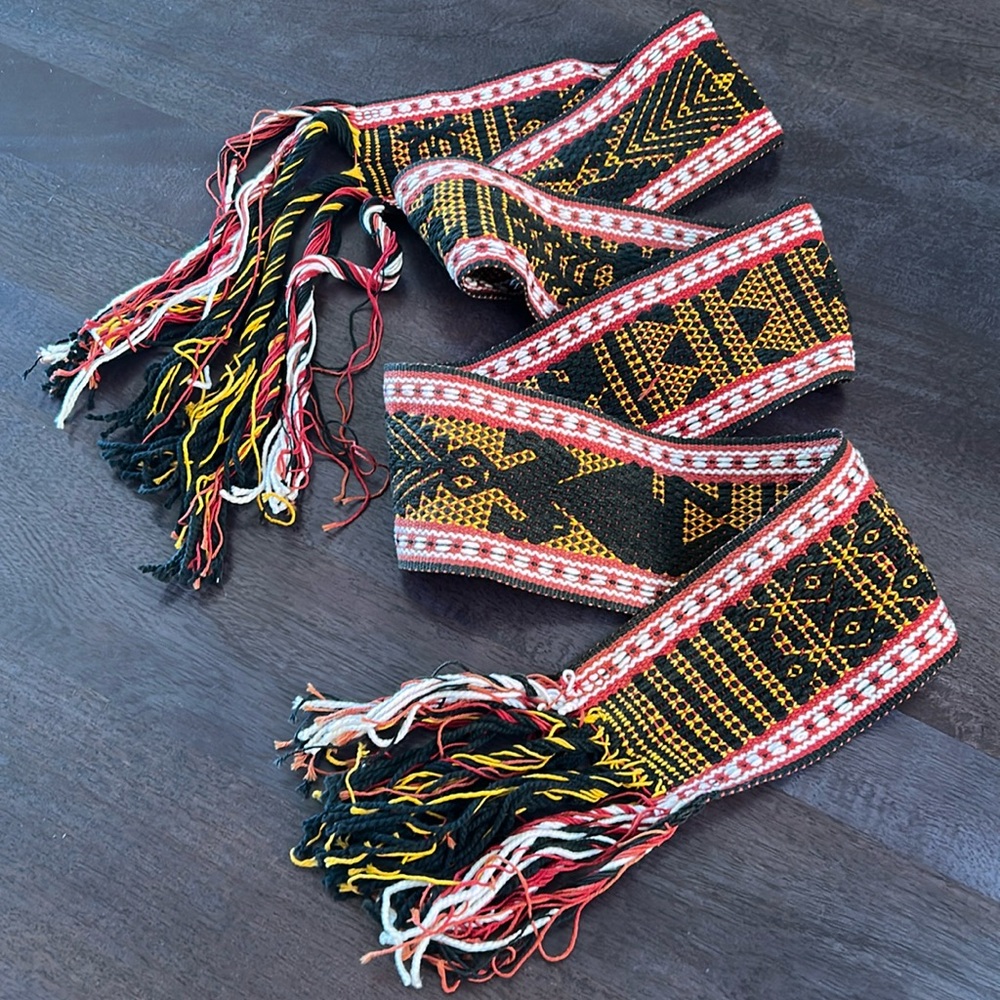Vintage Black, Red & Yellow Woven Belt with Fringe